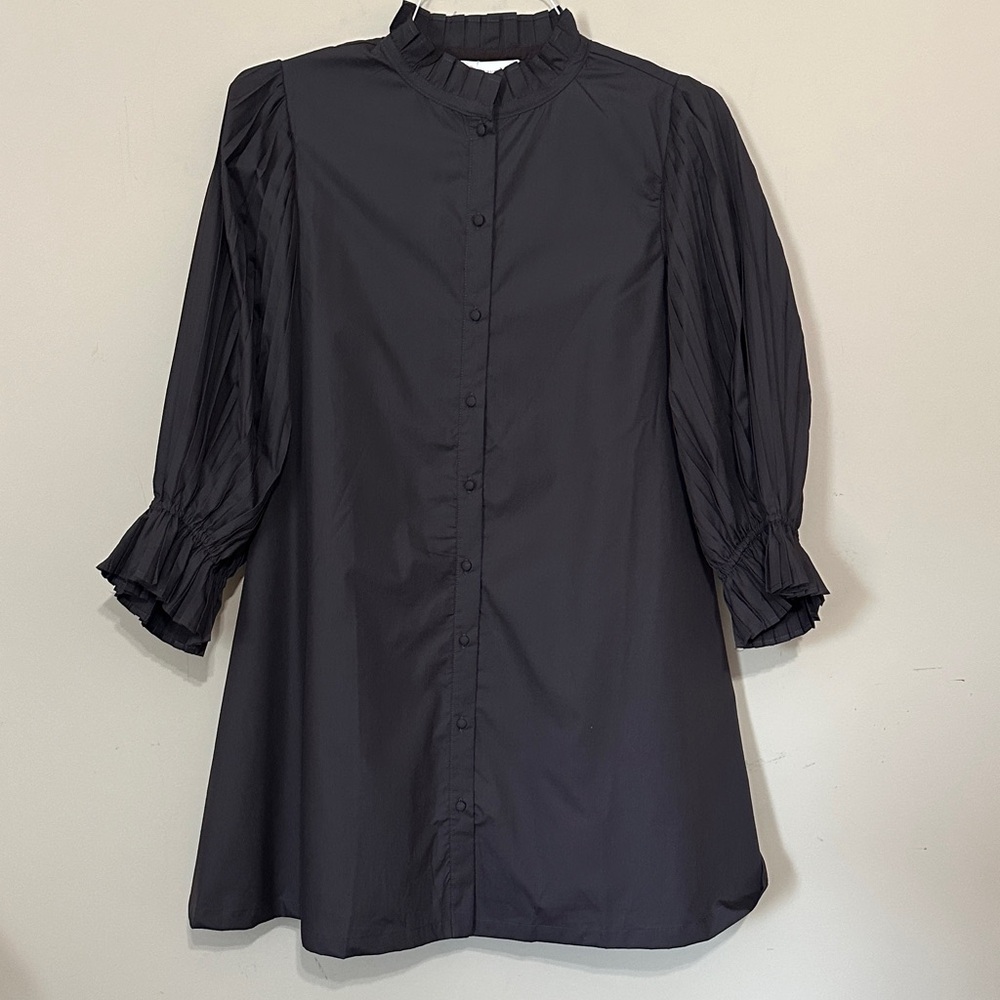 Women's Brown Ruffled Mock-Collar Button-Down Dress